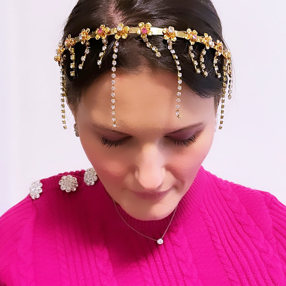 Crystal Flower Drop Chain Headpiece