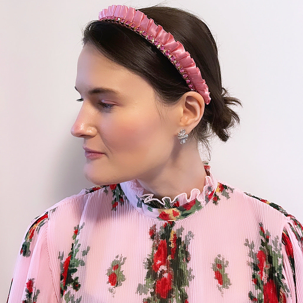 Satin Ruffle Crystal Chain Crown