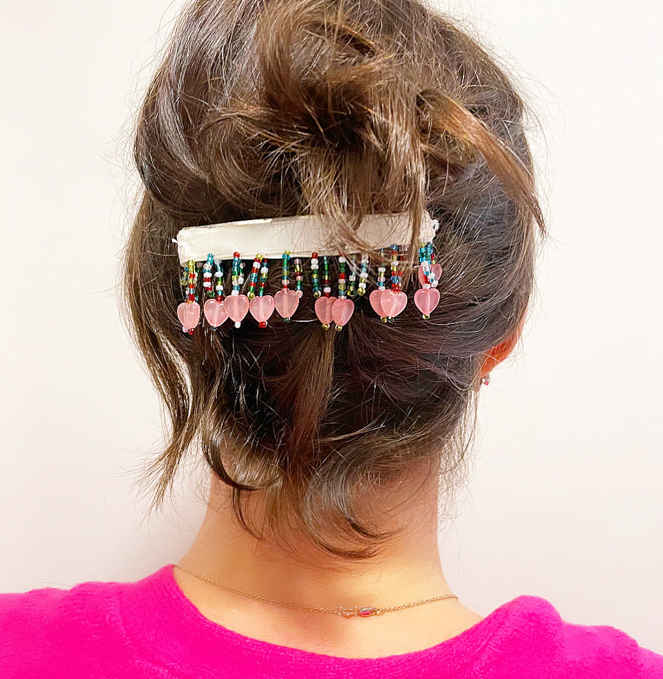 Heart Dangle Beaded Fringe Barrette