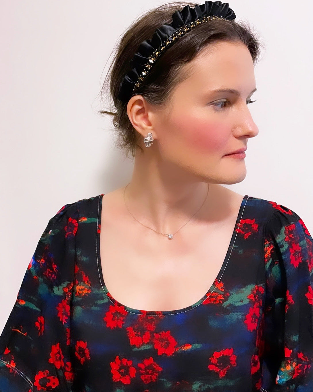 Satin Ruffle Crystal Chain Crown